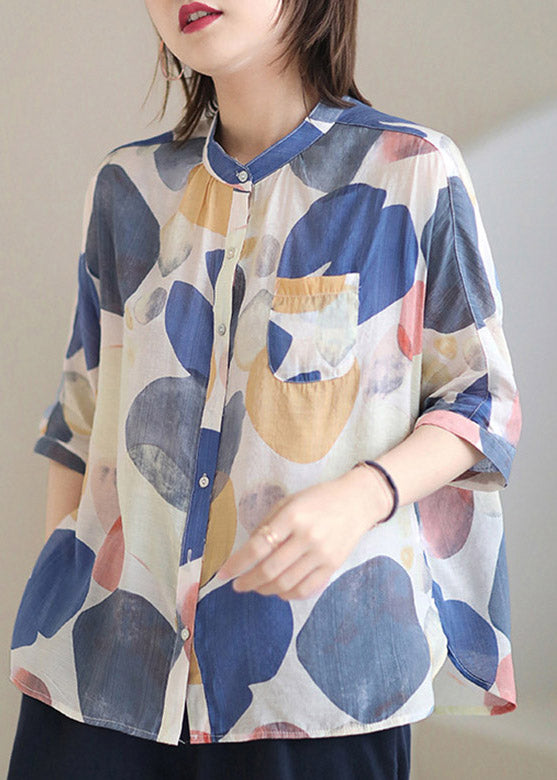 Loose Stand Collar Dot Print Button Silk Cotton Shirt Half Sleeve