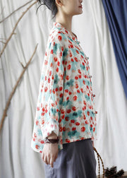 Loose Stand Collar Print Button Linen Blouse Long Sleeve