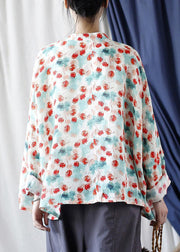 Loose Stand Collar Print Button Linen Blouse Long Sleeve