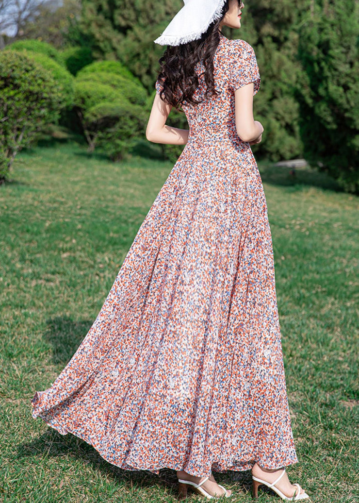 Loose Stand Collar Print Tunic Chiffon Long Dress Summer