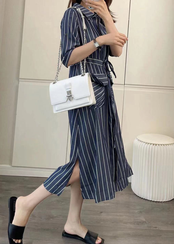 Loose Striped Button Lace Up Denim Blouses Dress Half Sleeve