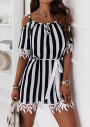 Loose Striped Lace Up Cotton Mid Dress Summer