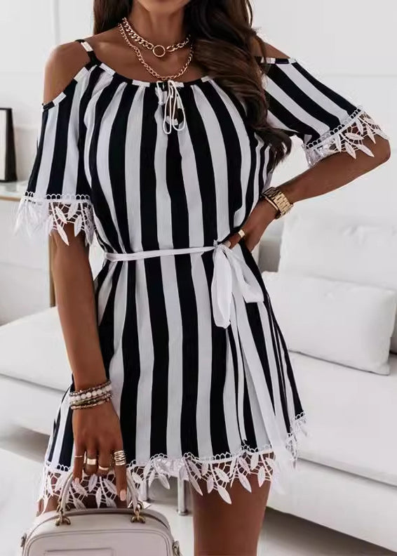 Loose Striped Lace Up Cotton Mid Dress Summer