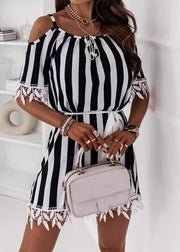 Loose Striped Lace Up Cotton Mid Dress Summer
