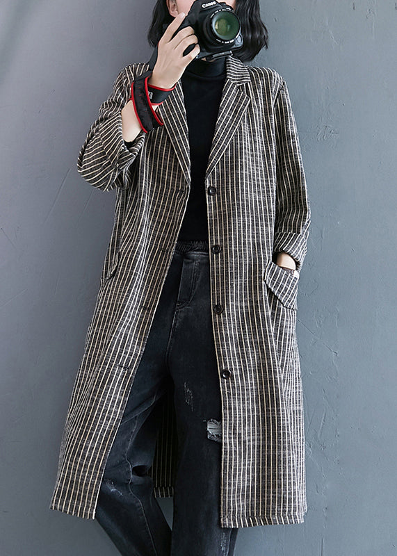 Loose Striped Notched Button Patchwork Cotton Long Coats Fall