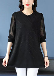 Loose Striped O Neck Zircon Tulle Patchwork T Shirt Spring