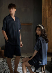 Loose Striped Peter Pan Collar Button Cotton Couple Pajamas Two Pieces Set Short Sleeve