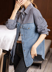 Loose Striped Peter Pan Collar Button Patchwork Denim Shirt Tops Fall