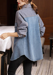 Loose Striped Peter Pan Collar Button Patchwork Denim Shirt Tops Fall