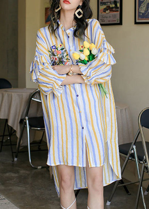 Loose Striped Ruffled Low High Design Cotton Shirt Dress Spring