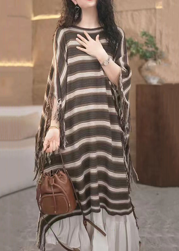 Loose Striped Tasseled Patchwork Knit Long Dresses Fall