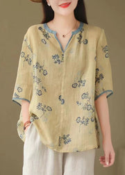 Loose Tan V Neck Print Patchwork Linen T Shirt Tops Half Sleeve