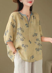 Loose Tan V Neck Print Patchwork Linen T Shirt Tops Half Sleeve