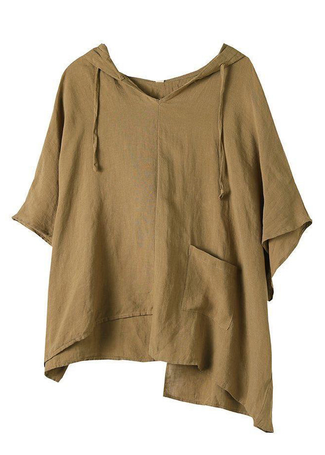 Loose V Neck Asymmetrical Patchwork Pockets Drawstring Top Long Sleeve