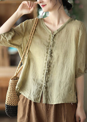 Loose V Neck Embroideried Button Linen Shirt Half Sleeve