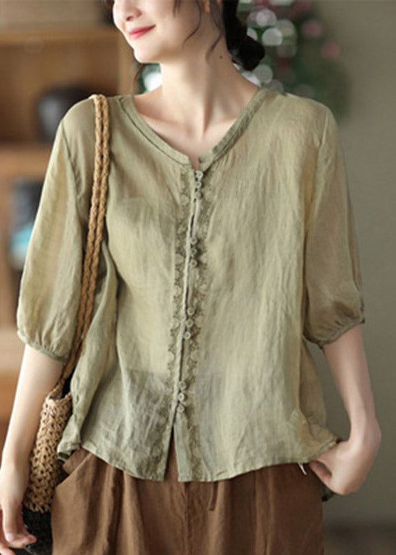 Loose V Neck Embroideried Button Linen Shirt Half Sleeve