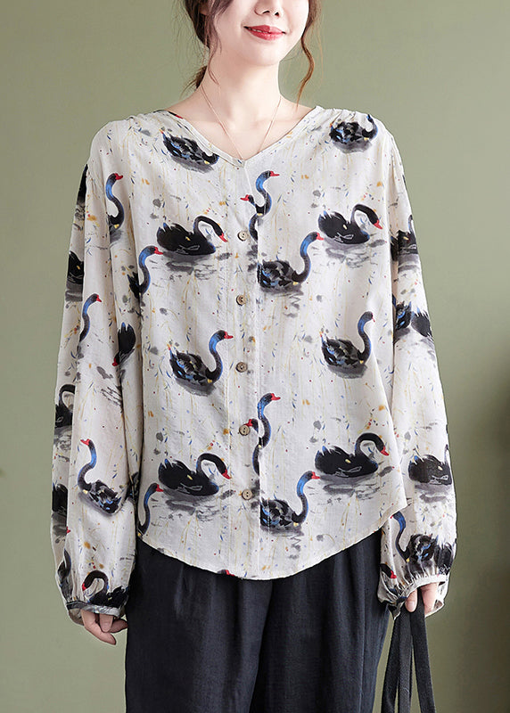 Loose V Neck Print Cotton Shirt Top Lantern Sleeve