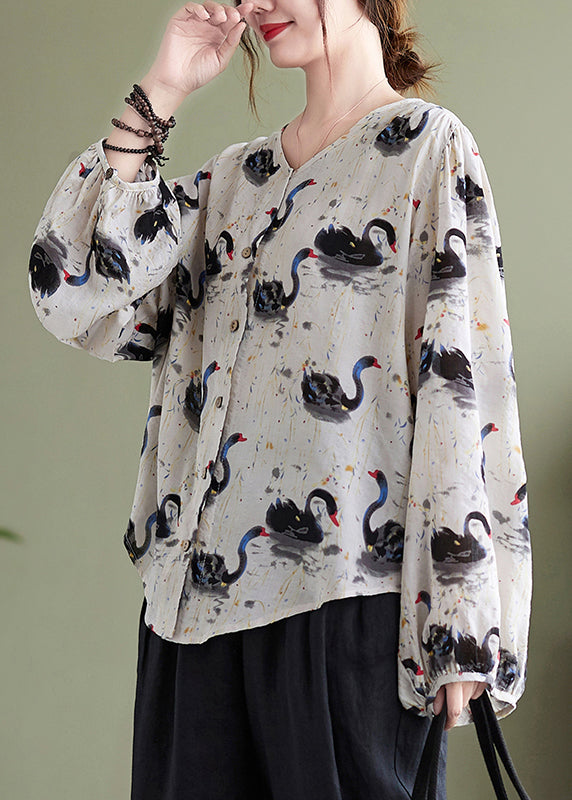 Loose V Neck Print Cotton Shirt Top Lantern Sleeve