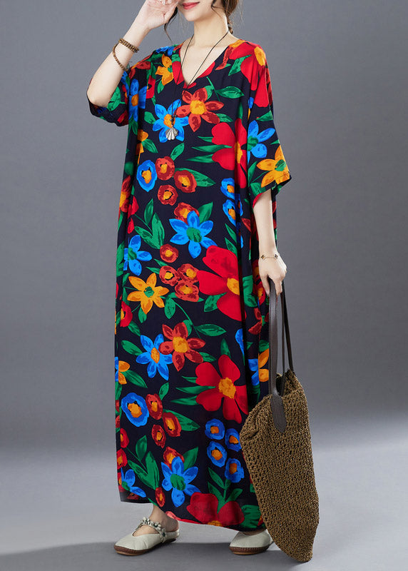 Loose V Neck Print Cozy Holiday Long Dress Summer