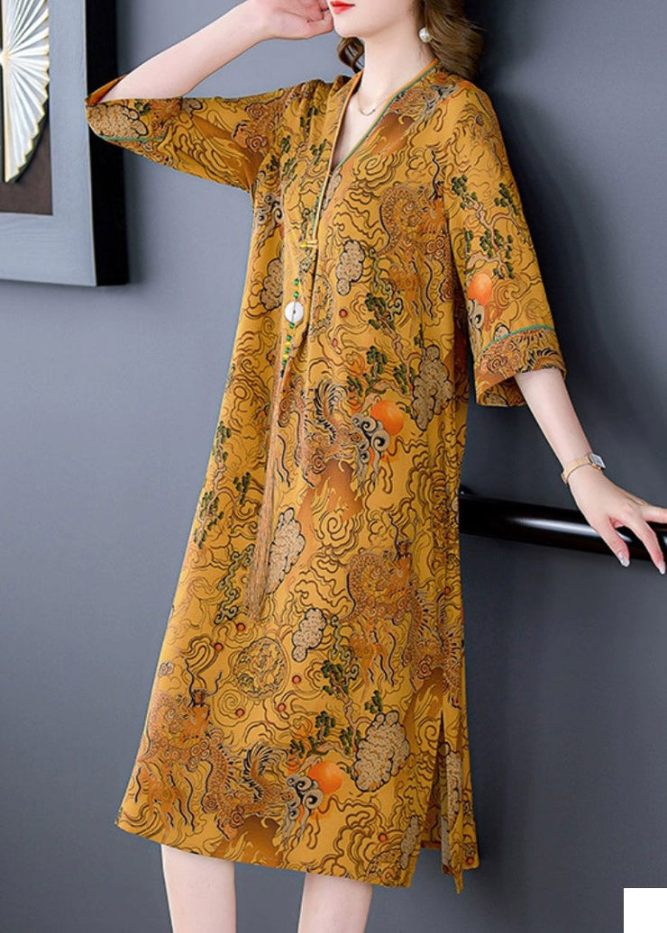 Loose V Neck Print Side Open Silk Maxi Dresses Half Sleeve