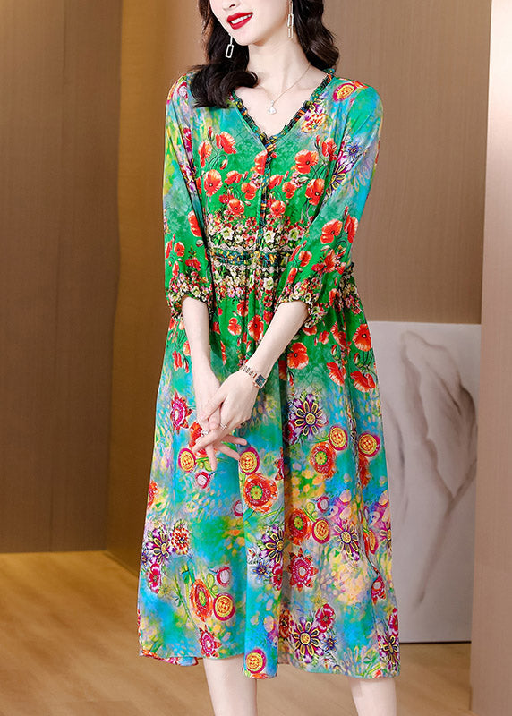 Loose V Neck Print Wrinkled Silk Long Dresses Half Sleeve