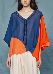 Loose V Neck Tasseled Asymmetrical Patchwork Cotton Top Summer