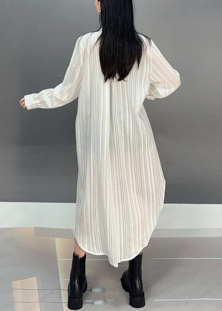 Loose White Asymmetrical Striped Button Cotton Shirt Fall