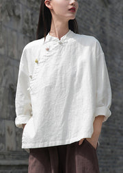 Loose White Button Side Open Patchwork Linen Shirt Top Fall