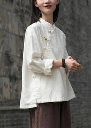 Loose White Button Side Open Patchwork Linen Shirt Top Fall