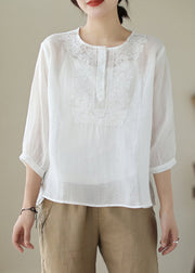 Loose White Embroidered Button Patchwork Cotton Blouse Summer