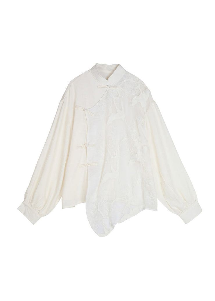 Loose White Embroideried Chinese Button Patchwork Tulle Shirt Top Fall