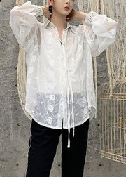 Loose White Embroideried Lace Up Cotton Men's Shirts Long Sleeve