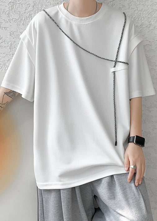 Loose White False Two Pieces Solid Cotton Men T Shirt Short Sleeve