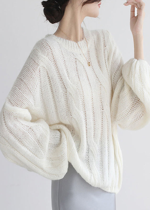 Loose White Hollow Out  Cozy Woolen Shirt Puff Sleeve