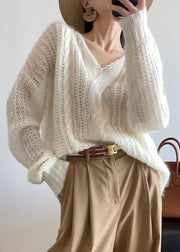 Loose White Hollow Out Solid Knit Sweater Winter