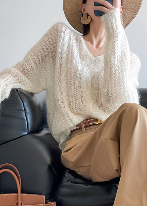 Loose White Hollow Out Solid Knit Sweater Winter