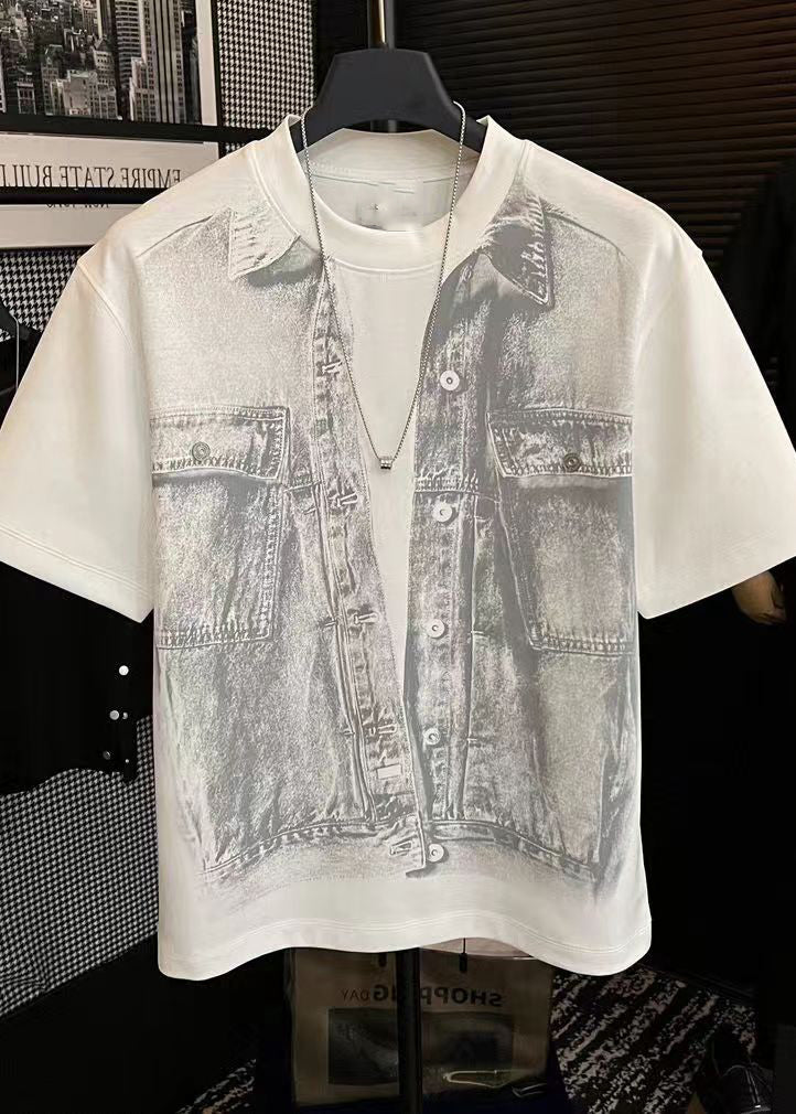 Loose White O Neck Print Cotton T Shirt Men Casual Clothing Summer