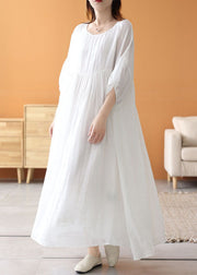 Loose White O Neck Wrinkled Patchwork Linen Long Dresses Summer