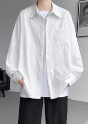 Loose White Peter Pan Collar Button Print Cotton Mens Shirt Fall