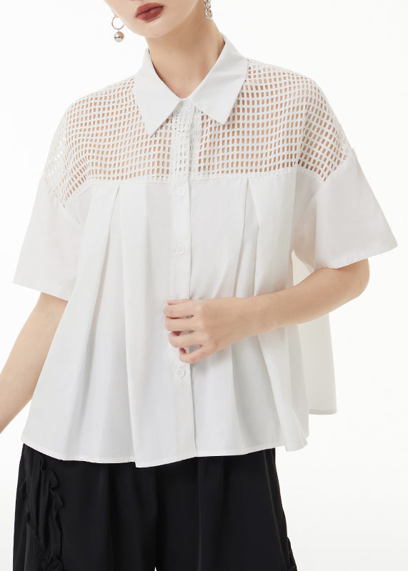 Loose White Peter Pan Collar Hollow Out Patchwork Cotton Shirt Summer