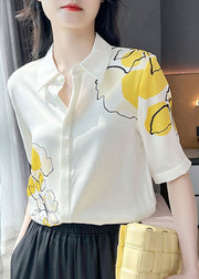 Loose White Peter Pan Collar Print Button Silk Shirts Short Sleeve