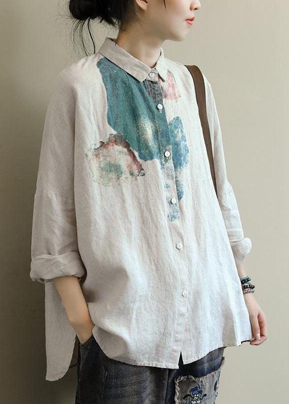 Loose White Peter Pan Collar Print Linen Shirts Fall