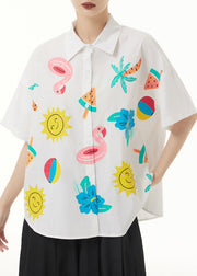 Loose White Peter Pan Collar Print Patchwork Cotton Blouse Short Sleeve