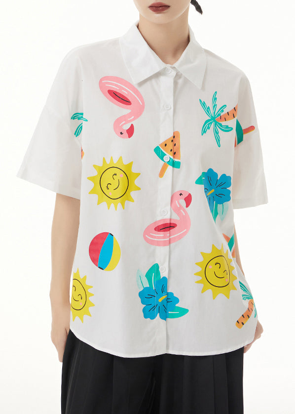 Loose White Peter Pan Collar Print Patchwork Cotton Blouse Short Sleeve