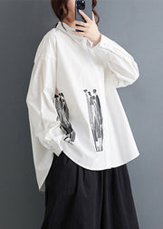 Loose White Peter Pan Collar Print Pockets Cotton Blouses Fall