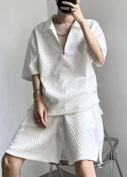 Loose White Peter Pan Collar Zippered Cotton Mens Two Piece Set Summer