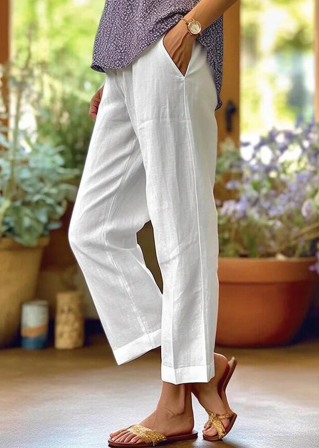 Loose White Pockets Solid High Waist Cotton Crop Pants Summer