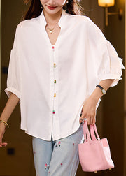 Loose White Ruffled Button Solid Blouses Bracelet Sleeve