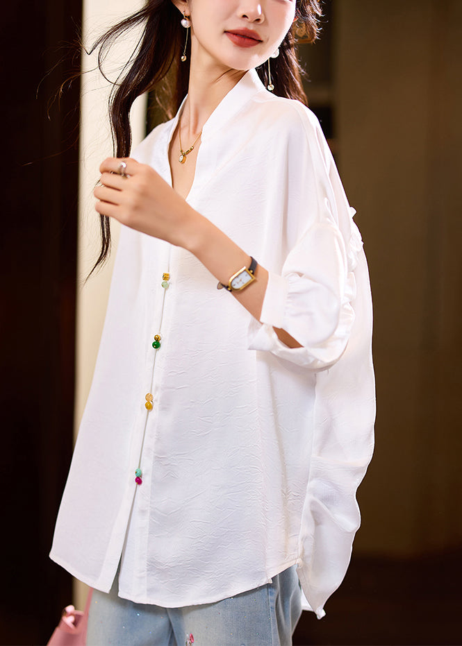 Loose White Ruffled Button Solid Blouses Bracelet Sleeve