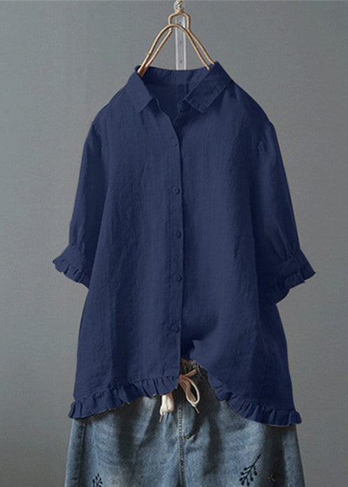 Loose White Ruffled Button Solid Cotton Shirt Summer